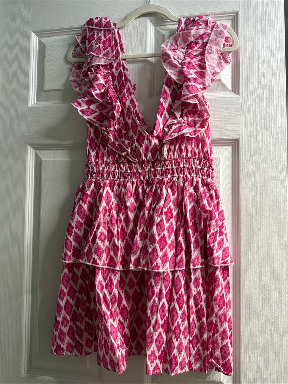 Pink Ruffled V-Neck Mini Dress with Smocked Waist